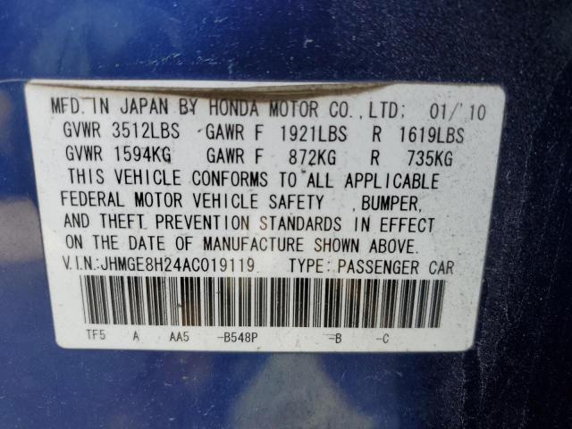 JHMGE8H24AC019119 - 2010 HONDA FIT BLUE photo 13