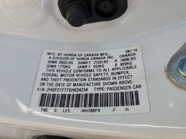 2HGFC1F77GH654254 - 2016 HONDA CIVIC EXL თეთრი ფოტო 13