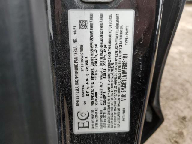 5YJ3E1EA1MF083161 - 2021 TESLA MODEL 3 BLACK photo 13
