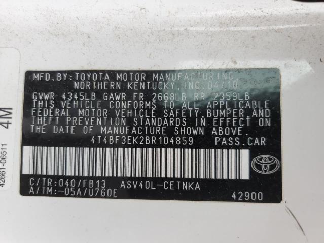 4T4BF3EK2BR104859 - 2011 TOYOTA CAMRY BASE WHITE photo 12