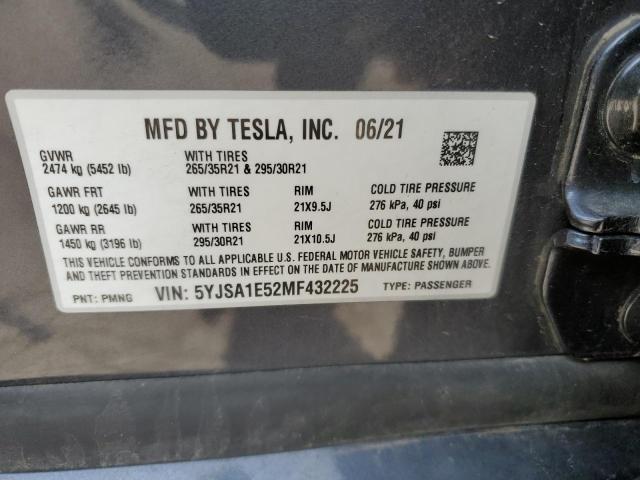 5YJSA1E52MF432225 - 2021 TESLA MODEL S 灰色 照片 12