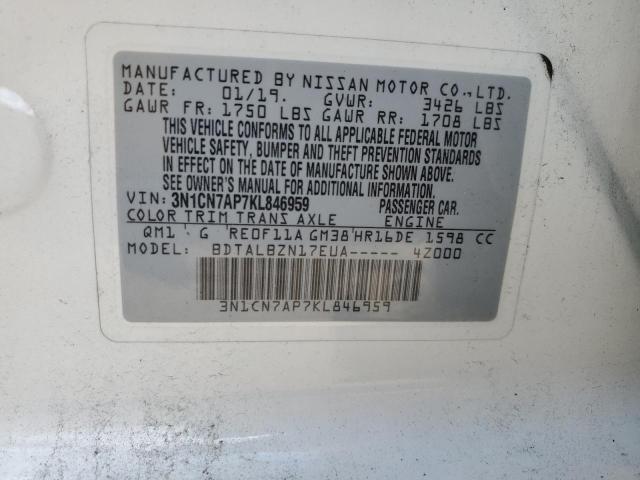 3N1CN7AP7KL846959 - 2019 NISSAN VERSA S WHITE photo 12