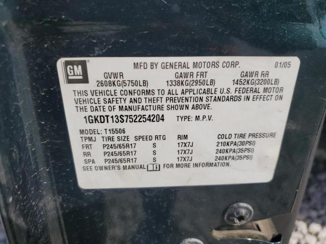 1GKDT13S752254204 - 2005 GMC ENVOY GREEN photo 12