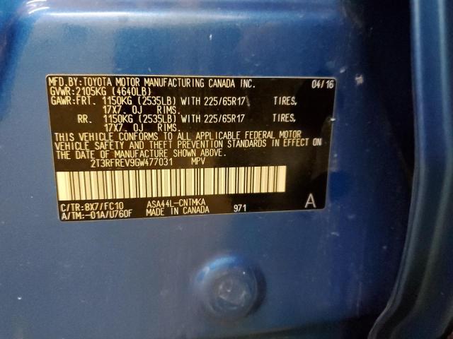 2T3RFREV9GW477031 - 2016 TOYOTA RAV4 XLE BLUE photo 12