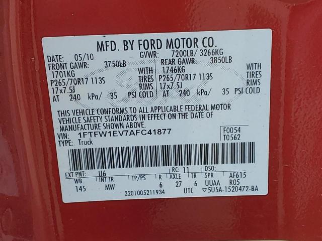1FTFW1EV7AFC41877 - 2010 FORD F-150 SUPERCREW RED photo 12