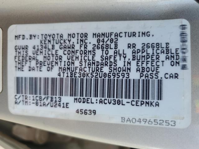 4T1BE30K52U069593 - 2002 TOYOTA CAMRY LE SILVER photo 12