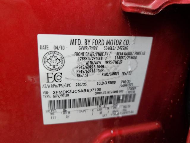 2FMDK3JC5ABB37100 - 2010 FORD EDGE SEL RED photo 13