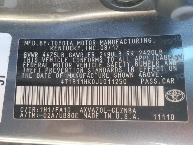 4T1B11HK0JU011250 - 2018 TOYOTA CAMRY L GRAY photo 12
