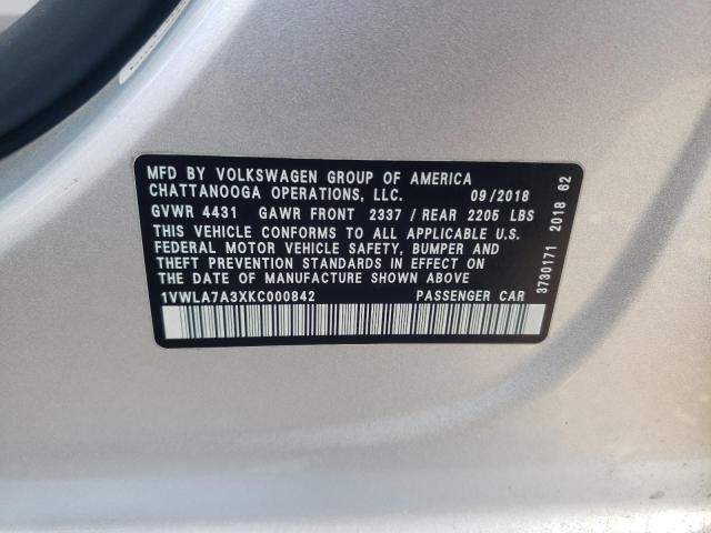1VWLA7A3XKC000842 - 2019 VOLKSWAGEN PASSAT WOLFSBURG 银色 照片 12