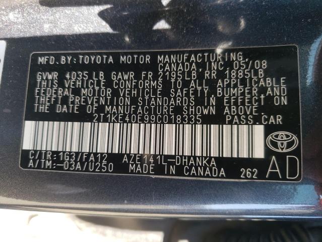 2T1KE40E99C018335 - 2009 TOYOTA COROLLA MA S GRAY photo 12