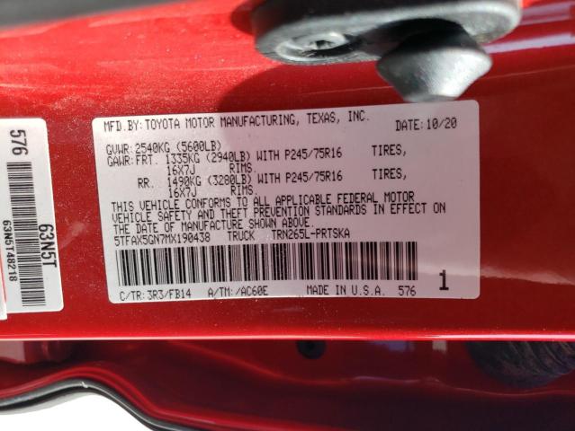 5TFAX5GN7MX190438 - 2021 TOYOTA TACOMA DOUBLE CAB RED photo 12