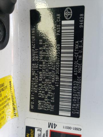 4T1BF3EK0BU775568 - 2011 TOYOTA CAMRY BASE WHITE photo 12