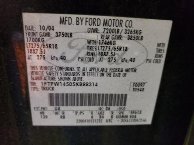 1FTPW14505KB88314 - 2005 FORD F150 SUPERCREW BLACK photo 12