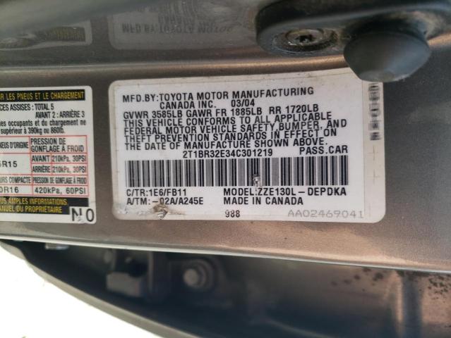 2T1BR32E34C301219 - 2004 TOYOTA COROLLA CE GRAY photo 12