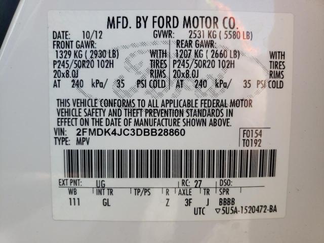 2FMDK4JC3DBB28860 - 2013 FORD EDGE SEL WHITE photo 12