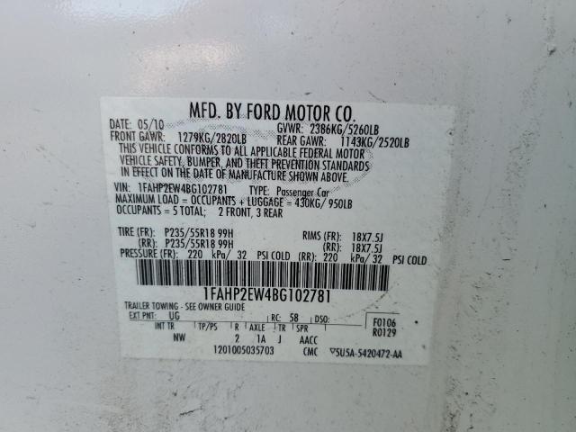 1FAHP2EW4BG102781 - 2011 FORD TAURUS SEL WHITE photo 12