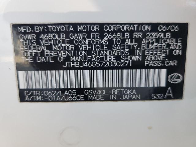 JTHBJ46G572030271 - 2007 LEXUS ES 350 WHITE photo 13