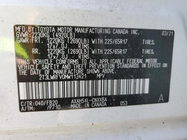 2T3LWRFV0MW113421 - 2021 TOYOTA RAV4 LE WHITE photo 12