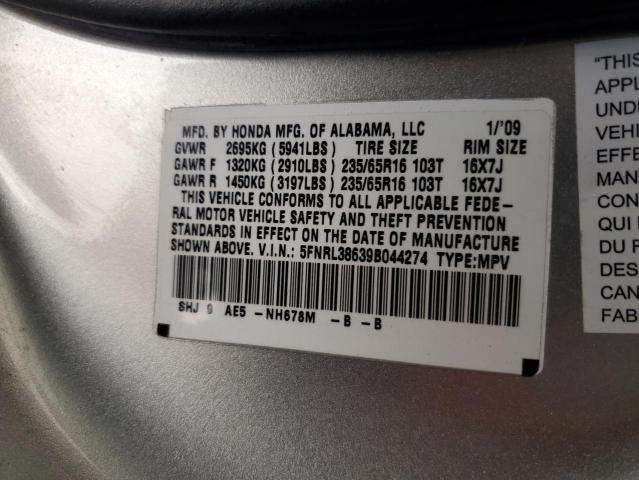 5FNRL38639B044274 - 2009 HONDA ODYSSEY EXL SILVER photo 14