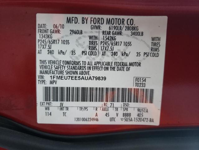 1FMEU7EE5AUA79839 - 2010 FORD EXPLORER EDDIE BAUER MAROON photo 14