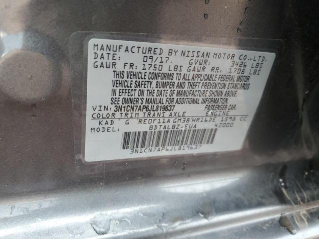 3N1CN7AP6JL819637 - 2018 NISSAN VERSA S GRAY photo 12