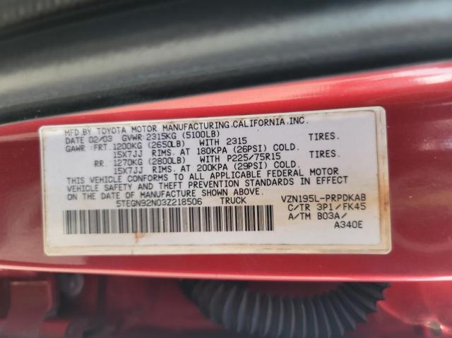 5TEGN92N03Z218506 - 2003 TOYOTA TACOMA DOUBLE CAB PRERUNNER GREEN photo 10