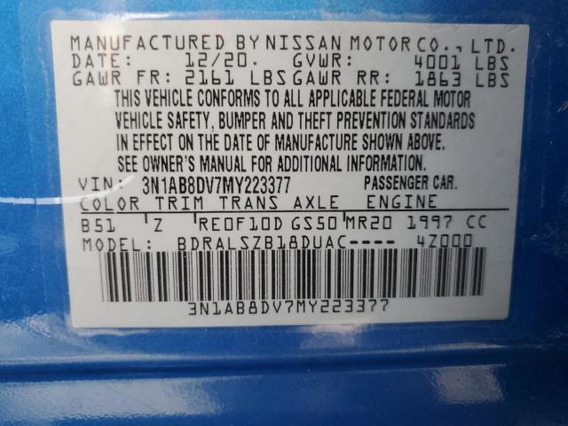 3N1AB8DV7MY223377 - 2021 NISSAN SENTRA SR BLUE photo 12