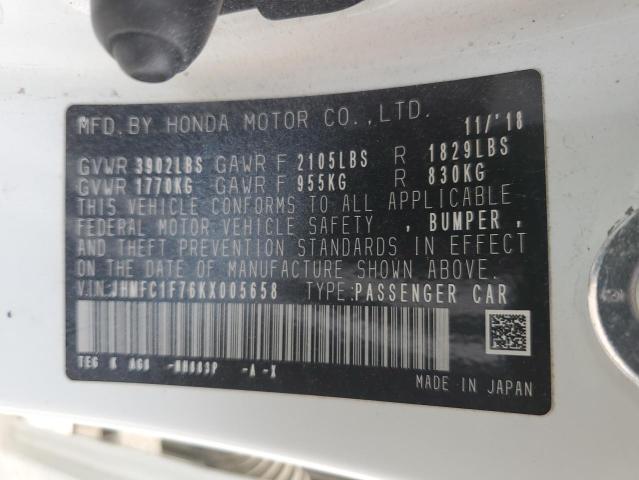 JHMFC1F76KX005658 - 2019 HONDA CIVIC EXL Ağ foto 12
