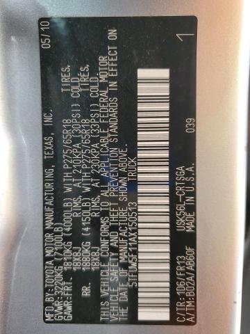 5TFUW5F11AX150513 - 2010 TOYOTA TUNDRA DOUBLE CAB SR5 SILVER photo 12