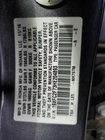 19XFC2F73HE204893 - 2017 HONDA CIVIC EX GRAY photo 12