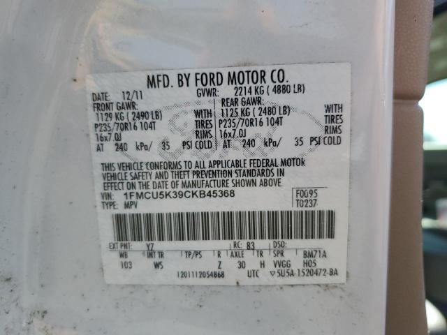 1FMCU5K39CKB45368 - 2012 FORD ESCAPE HYBRID WHITE photo 12