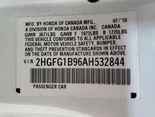 2HGFG1B96AH532844 - 2010 HONDA CIVIC EXL WHITE photo 12