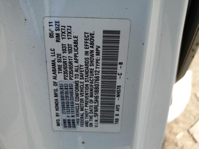 5FNRL5H61BB076612 - 2011 HONDA ODYSSEY EXL WHITE photo 13