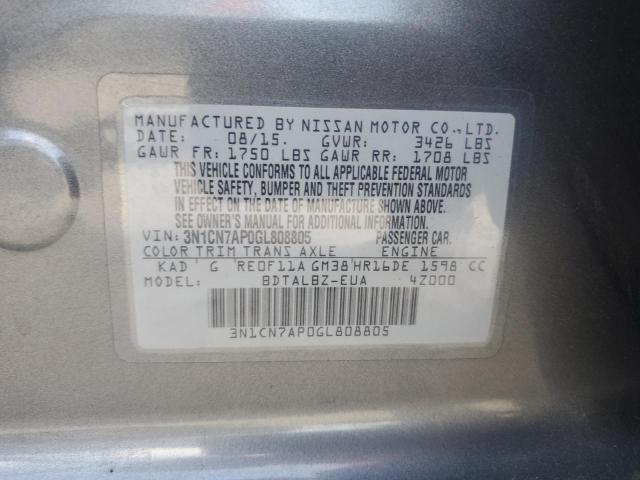 3N1CN7AP0GL808805 - 2016 NISSAN VERSA S GRAY photo 12