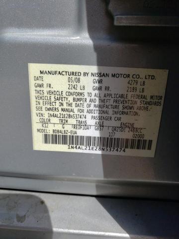 1N4AL21E28N537474 - 2008 NISSAN ALTIMA 2.5 SILVER photo 12