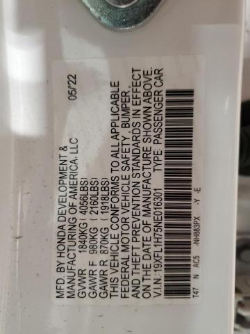 19XFL1H75NE016301 - 2022 HONDA CIVIC EXL WHITE photo 12