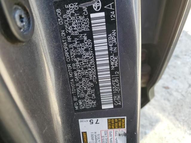 JTDKB20U383397439 - 2008 TOYOTA PRIUS GRAY photo 12