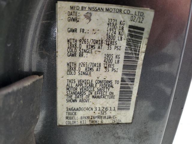 1N6AA0CC4CN312611 - 2012 NISSAN TITAN S GRAY photo 12