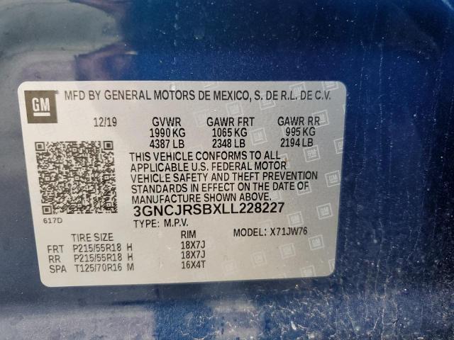 3GNCJRSBXLL228227 - 2020 CHEVROLET TRAX PREMIER BLUE photo 13