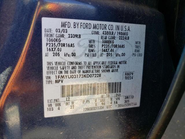 1FMYU03173KD07228 - 2003 FORD ESCAPE XLT BLUE photo 12