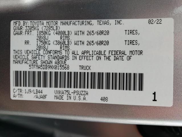 5TFMA5DB9NX015568 - 2022 TOYOTA TUNDRA CREWMAX PLATINUM Silber Foto 13