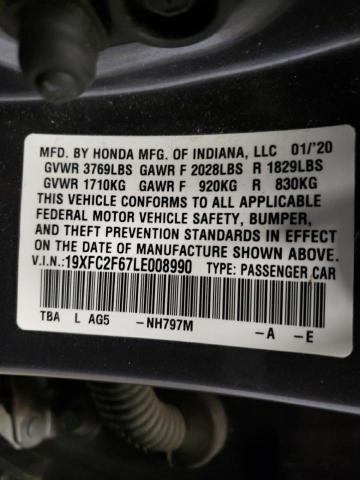 19XFC2F67LE008990 - 2020 HONDA CIVIC LX GRAY photo 12