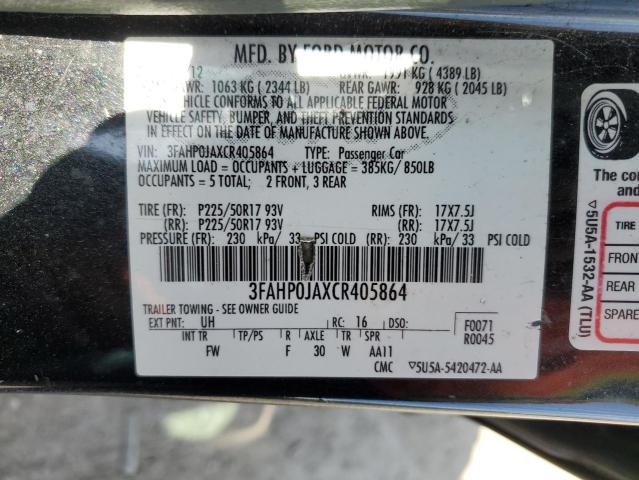 3FAHP0JAXCR405864 - 2012 FORD FUSION SEL BLACK photo 12