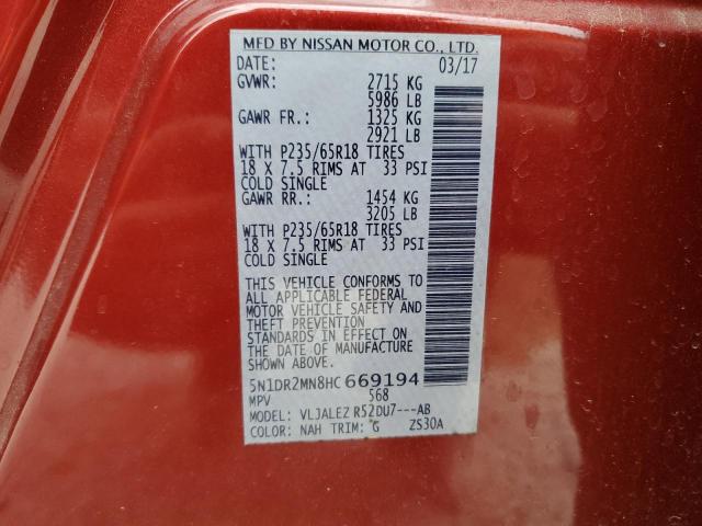 5N1DR2MN8HC669194 - 2017 NISSAN PATHFINDER S 红色 照片 13