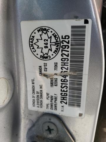 2HGES16462H927925 - 2002 HONDA CIVIC DX SILVER photo 12