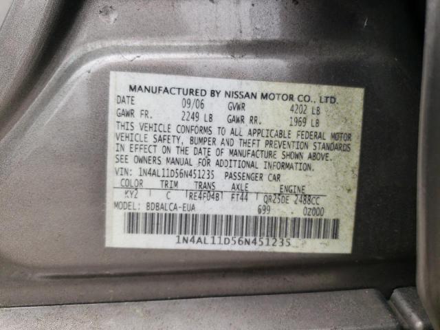 1N4AL11D56N451235 - 2006 NISSAN ALTIMA S GRAY photo 12