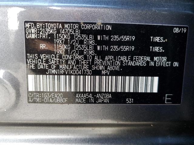 JTMN1RFV1KD041730 - 2019 TOYOTA RAV4 LIMITED GRAY photo 14