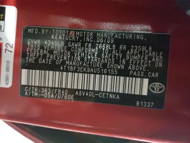 4T1BF3EK9AU516155 - 2010 TOYOTA CAMRY BASE RED photo 12