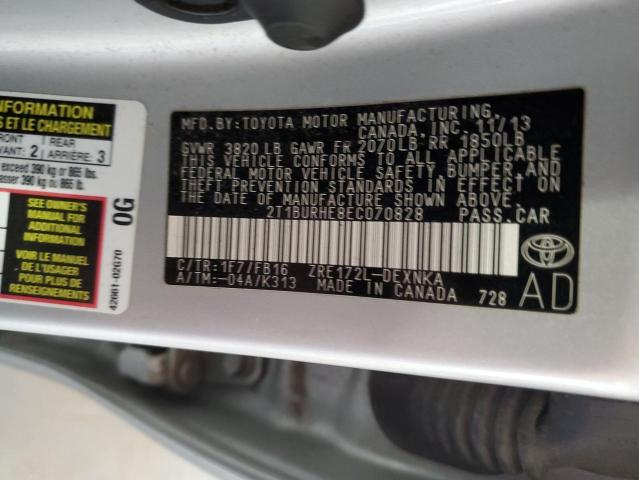 2T1BURHE8EC070828 - 2014 TOYOTA COROLLA L SILVER photo 12