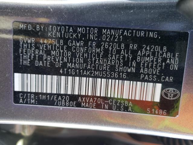 4T1G11AK2MU553616 - 2021 TOYOTA CAMRY SE GRAY photo 12